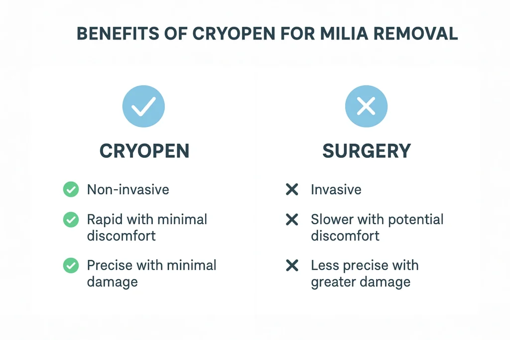 Benefits of cryopen for milia removal Ilford compared to surgical treatments.