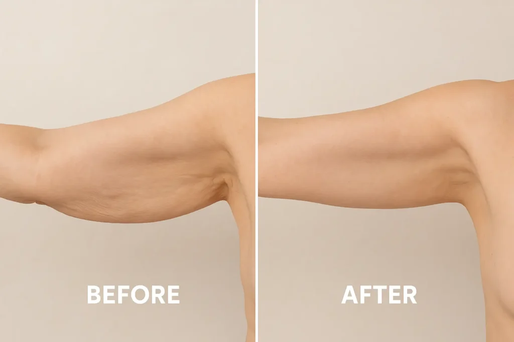 Picture of LA LIPO Ilford before and after results of skin tightening treatment on the upper arms.