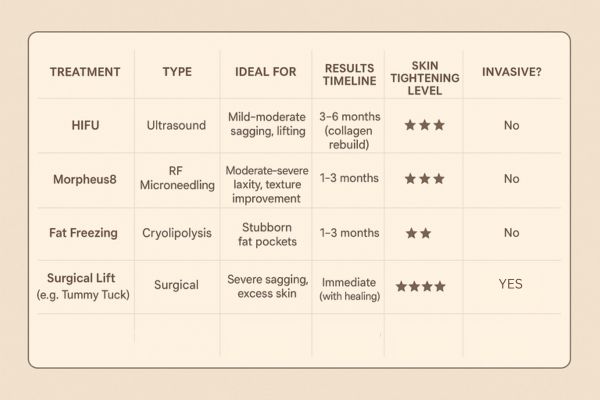 Table showing the comparisons of Skin tightening Ilford treatment options.